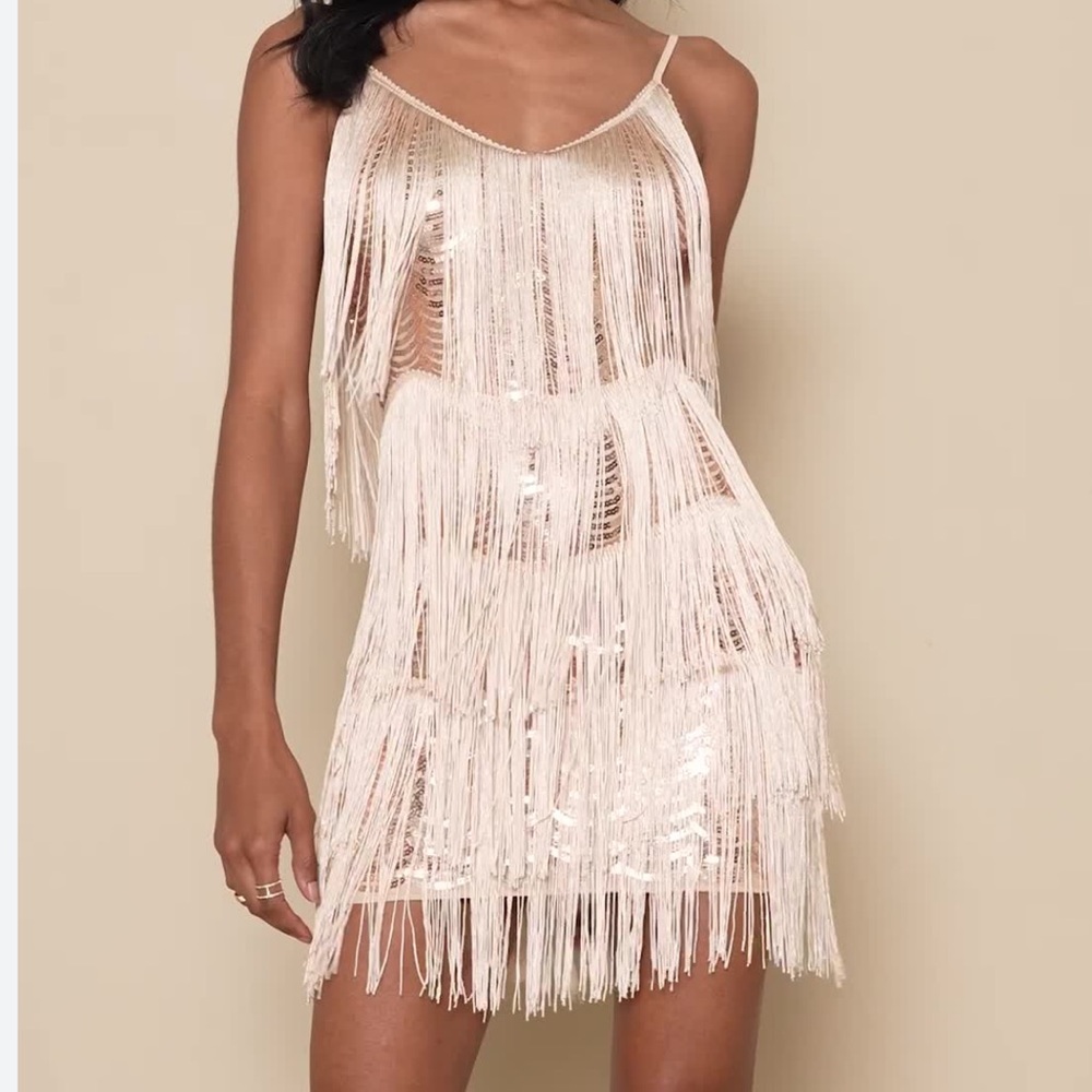 Lulu's Blush Fringe Sequin Mini Dress
